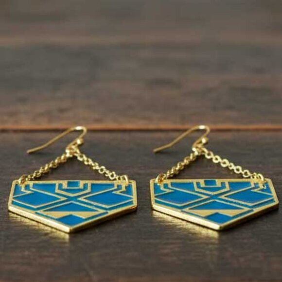 2/$21 Ladies Blue Gold Aztec Dangle Earrings - Picture 2 of 8